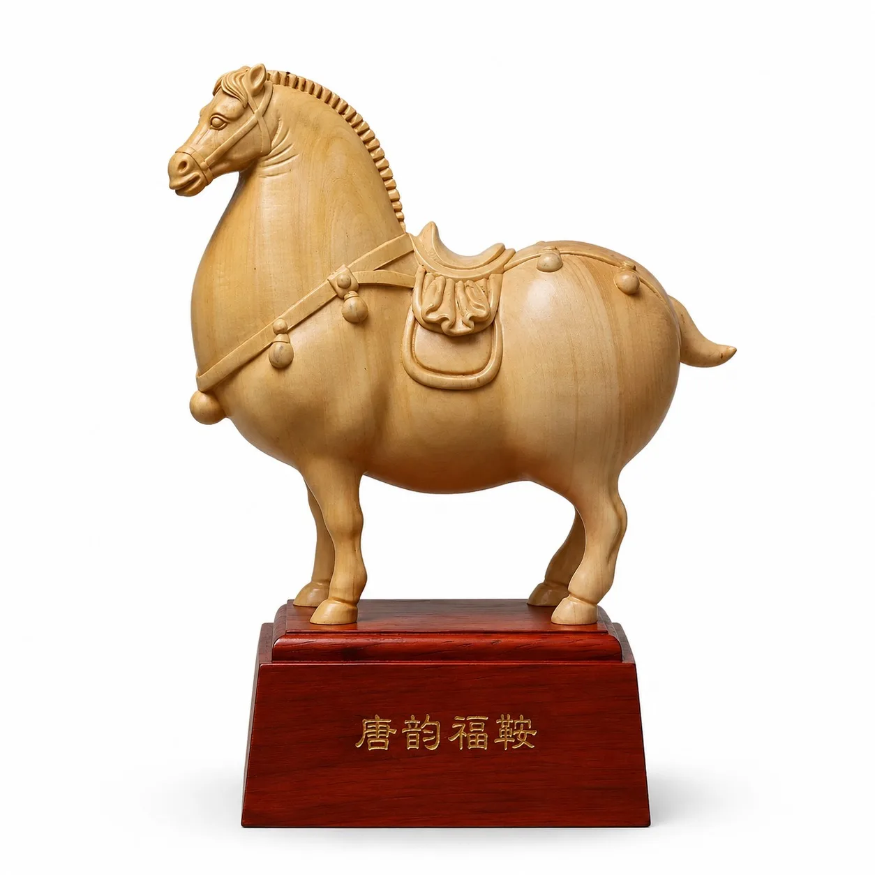 Hand Carved Boxwood Tang Dynasty Horse Statue with Traditional Saddle for Chinese Feng Shui Home Office Desk Decor Gift