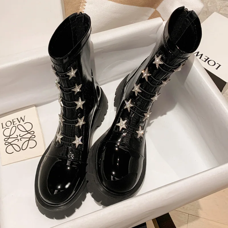 Ankle Boots Women Patent Leather Velvet Inside Star Rhinestone Designer Shoes for Women Zipper Thick Soled Mid-Tube Modern Boots