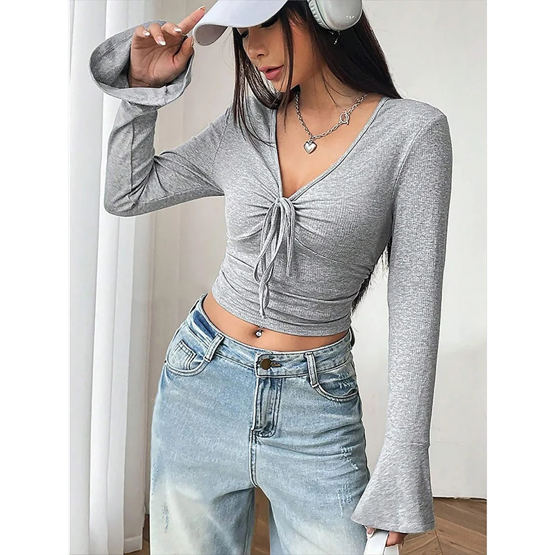 Sexy Retro Korean Slim Long Sleeved Lace-up Deep V Neck Crop Top For Women Short Slim Tees Spicy Girl Y2k Harajuku Goth T-shirts