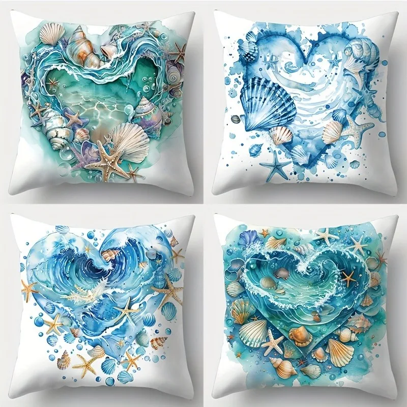 Ocean - Inspired Heart Pillow Cover: Waves, Shells and Nautical Charms, Sofa Chair Cushion Cover, Bedroom Room Decor