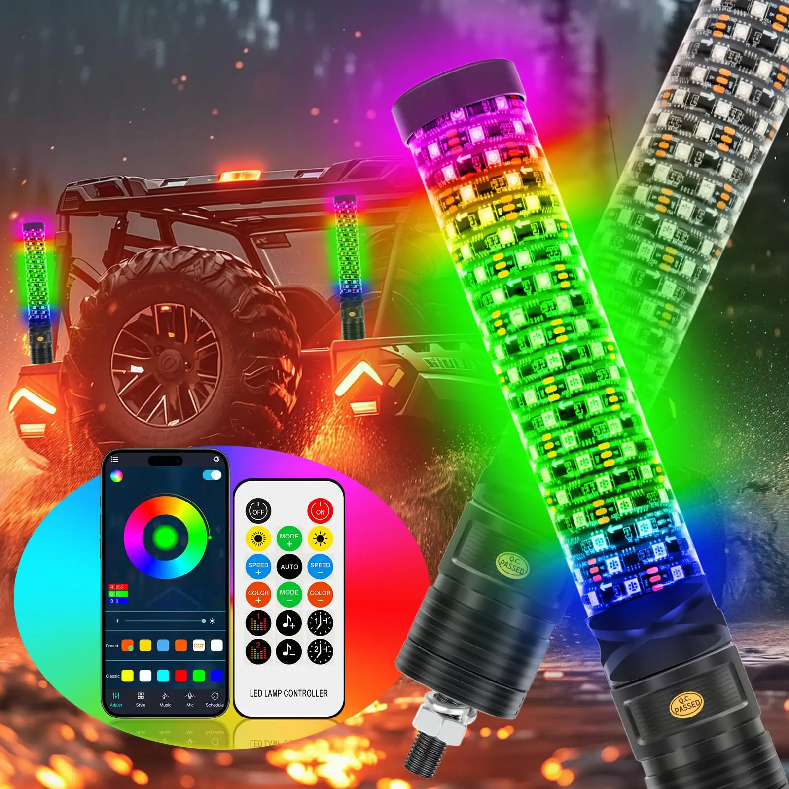 2 Pcs 1FT Fat Whip RGB Multicolor LED Whip Light For ATV UTV Truck Motorcycle Bike Accessories Truck Accessories For Men