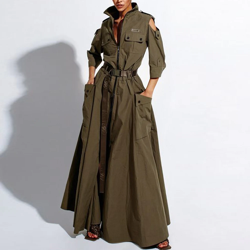 

Women Vintage Cargo Dress Long Zipper Cardigan Multiple Pockets Loose Turn Down Collar Belt Dress Camping Field Maxi Dresses