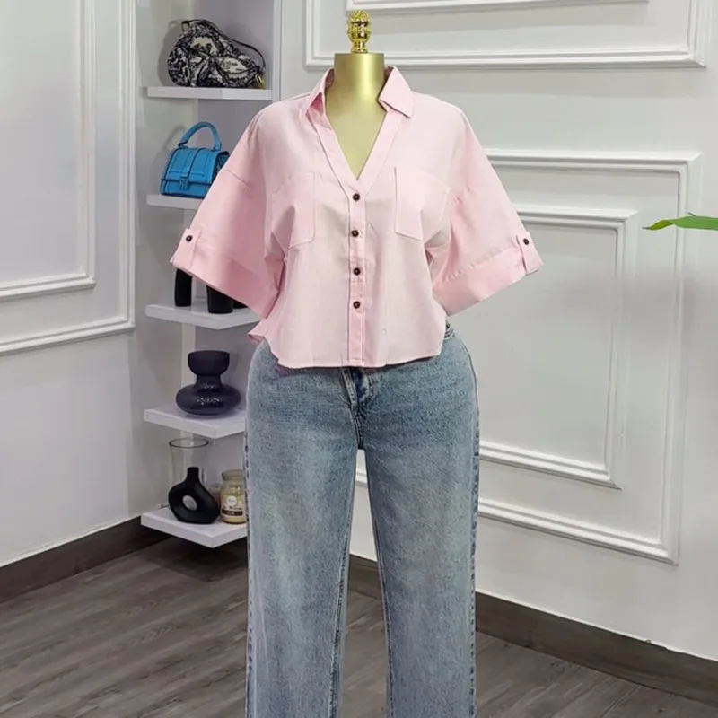 HKSH Wiosna Lato Nowa Damska Koszula z Kołnierzykiem, Zapinana na Guziki, z Kieszeniami, Uniwersalna Krótka Bluzka, Eleganckie Codzienne Top HK17241