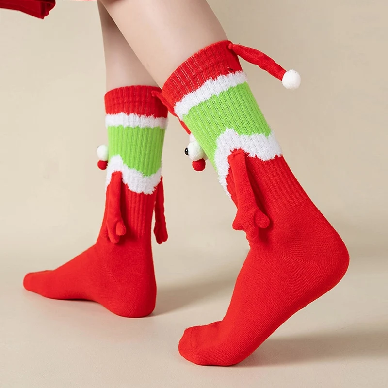 Christmas Hand In Hand Socks Couple Magnetic Handle Cute Foot In Hand Winter Cotton Automatic Tie Tie Iron Stone Middle Tube