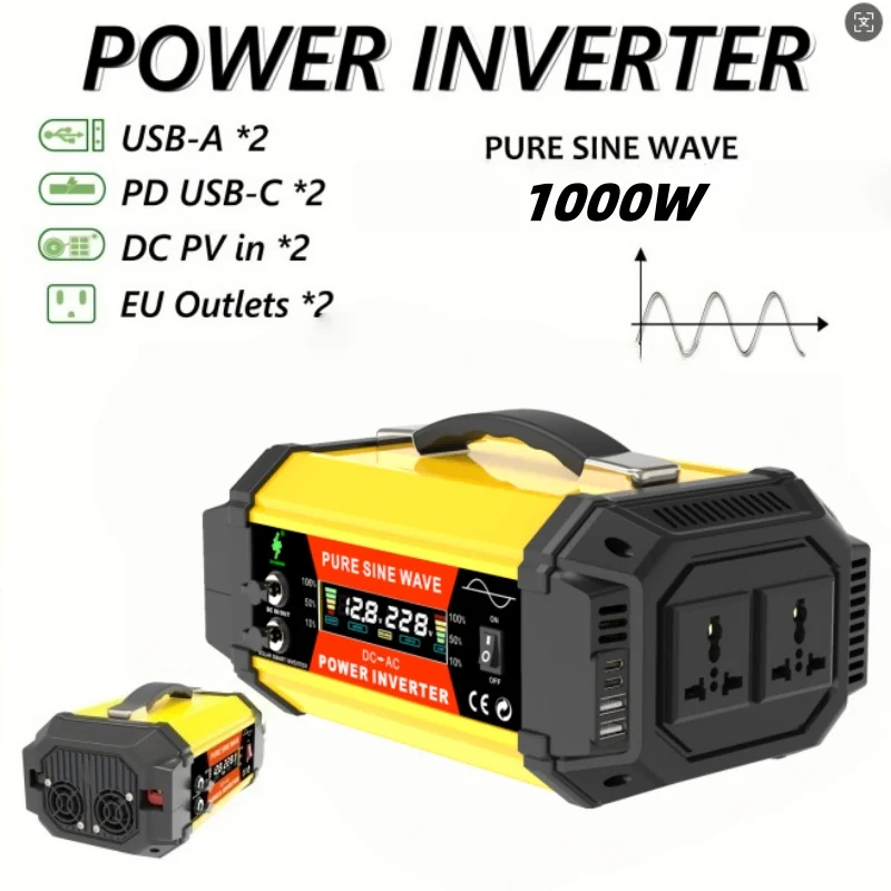 1000W sine wave inverter or 12V AC 220V 110V portable power inverter, suitable for outdoor/camping chargers, battery not include