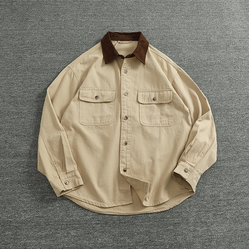 

Retro Workwear Jaet Men's Color Blo Collar Full Cotton Faion Ci Loose Top Breathable Long Sve Single Button Closure