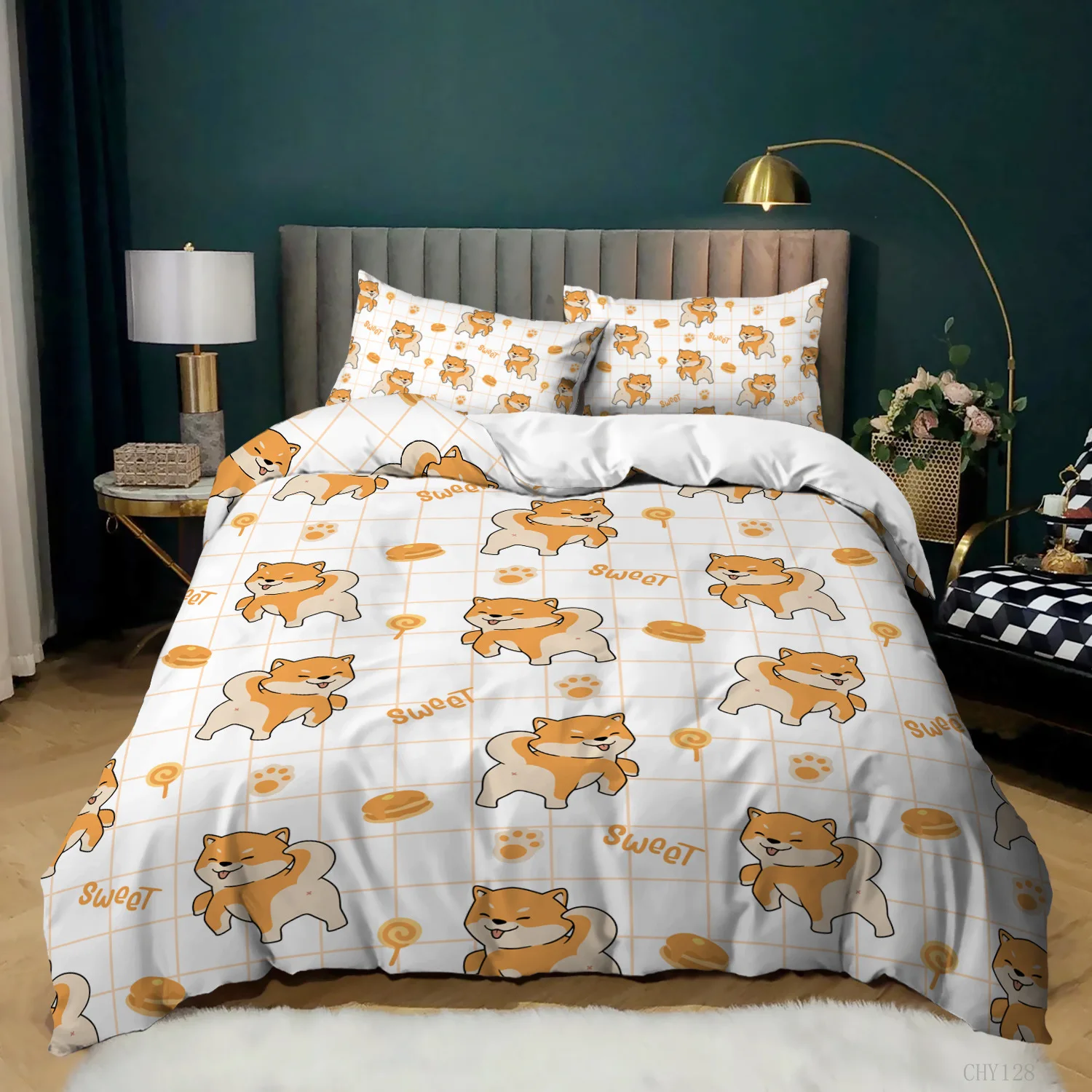 Cartoon Dogs Bedding Set Soft Polyester Bed Linen with Pillowcase Queen King Single Size 135x200cm Shiba Inu Duvet Cover Set