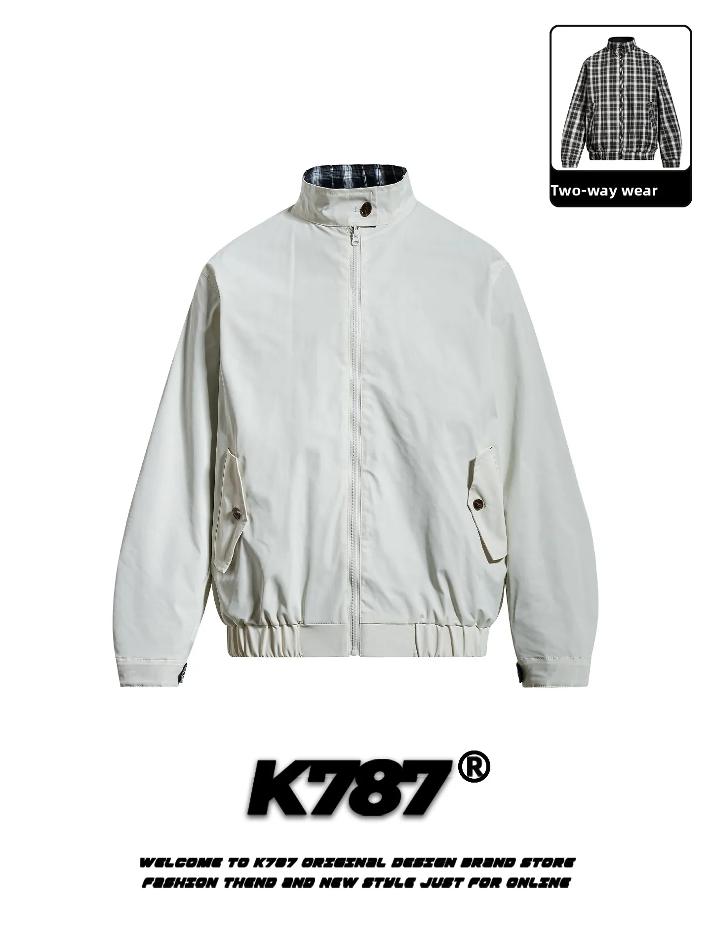 

K787 American Retro Plaid Double-Sided Wear Jaet Loose Casual ex Spring Outerwear Youth ular Polyester Fiber Zipper