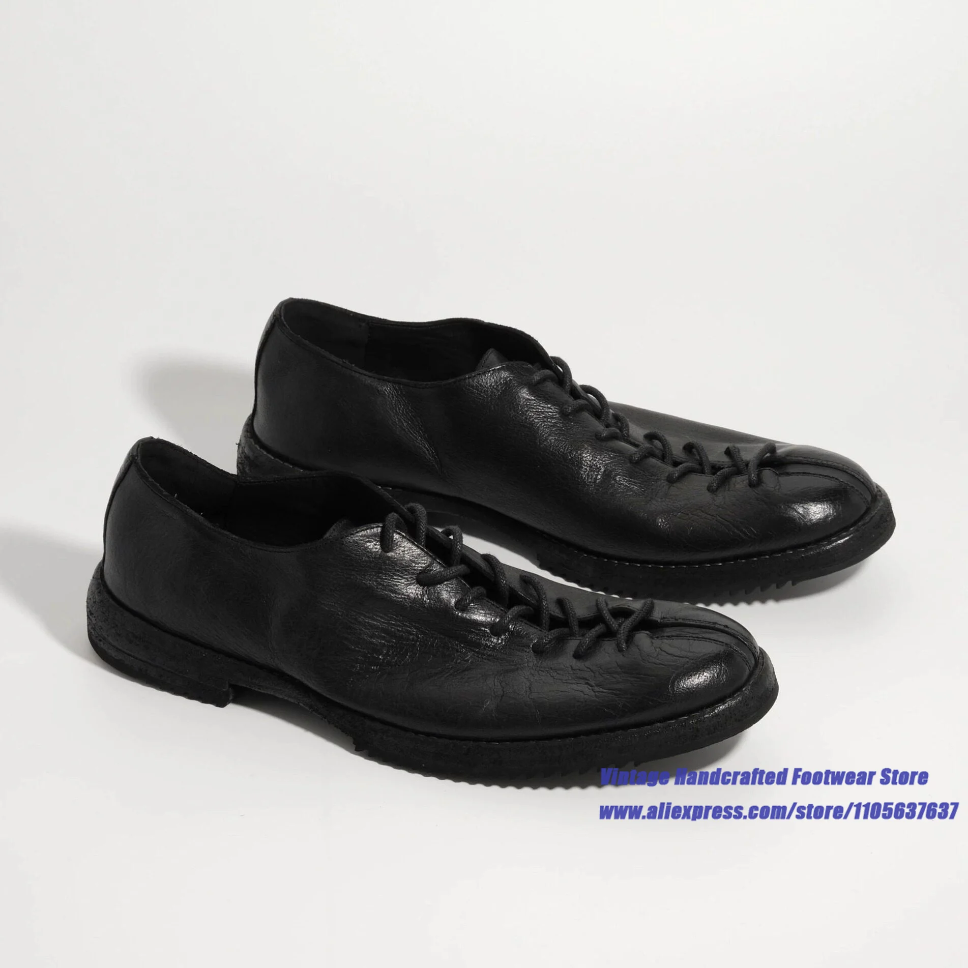 

Men's Black Leather Lace-Up Single Shoes Thick-Soled Casual Shoes Gothic Round Toe Derby Shoes Vintage Handcrafted Men's Shoes