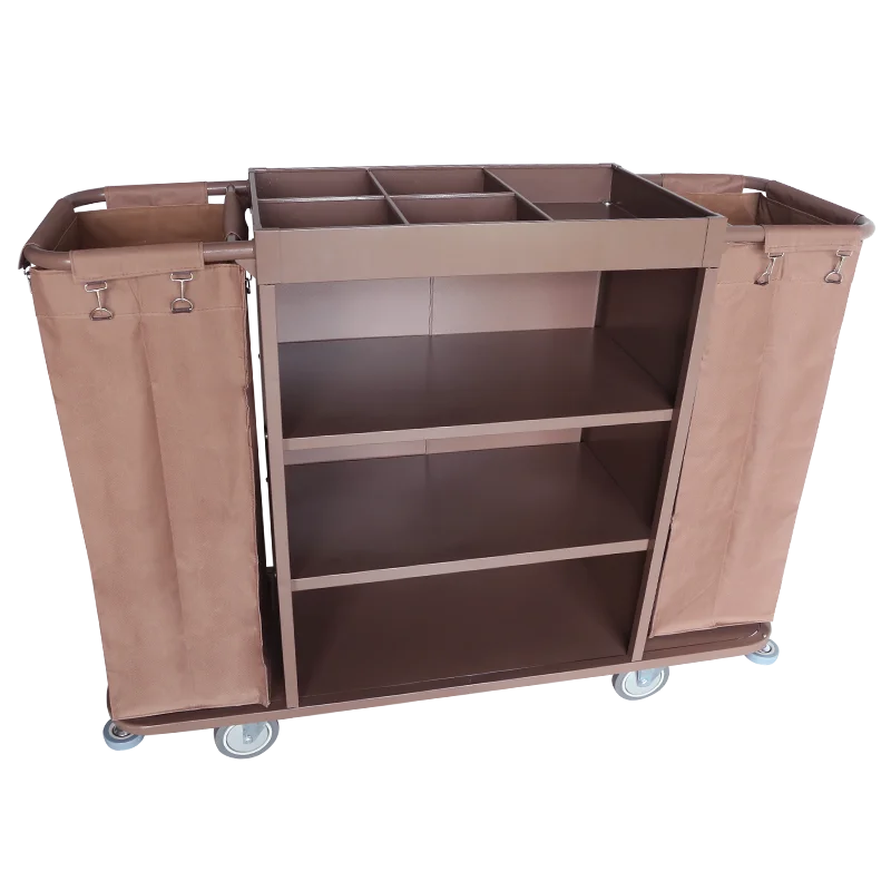 2025KJ-F005 Carrello per la pulizia della stanza dell'hotel Carrello per la pulizia della cameriera in metallo marrone realizzato in acciaio e ferro Carrello di servizio Carrello degli attrezzi
