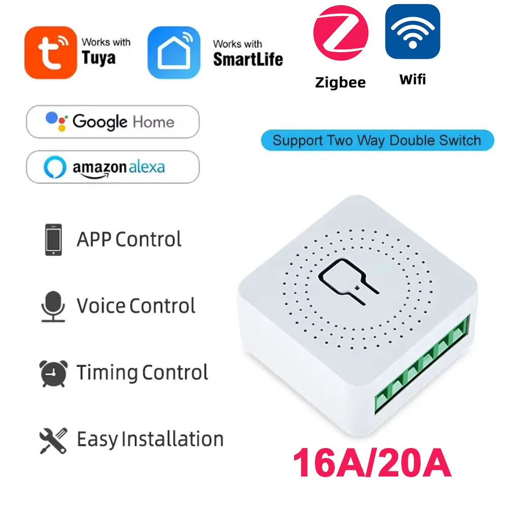 Tuya Mini WiFi/Zigbee Switch Smart Life App 2-Way Control Smart Home Automation Module Interruptor Work for Alexa Google Home