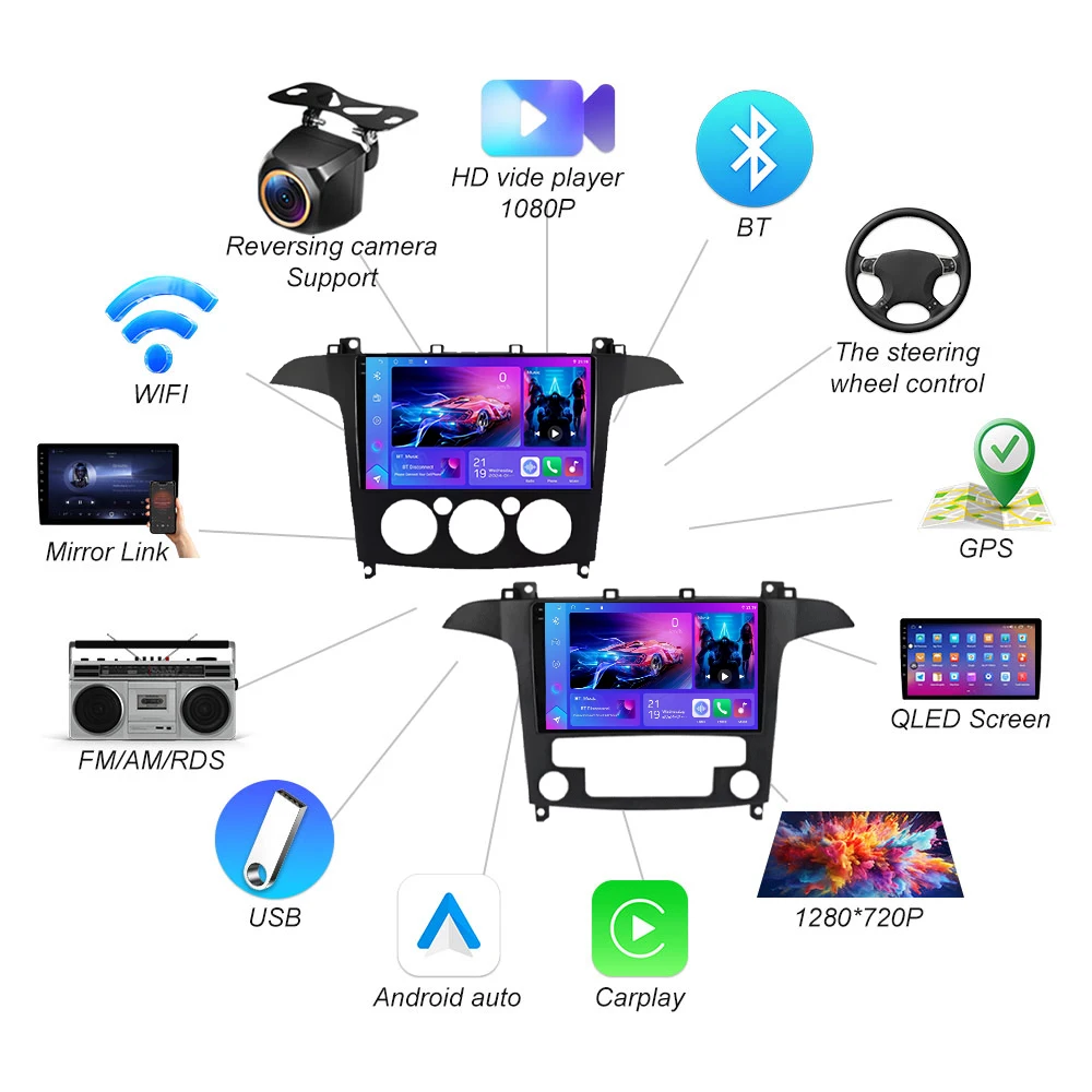 راديو السيارة لفورد S Max S-MAX 2007-2015 مشغل فيديو متعدد الوسائط السيارات CarPlay مشغل فيديو متعدد الوسائط السيارات CarPlay GPS أندرويد