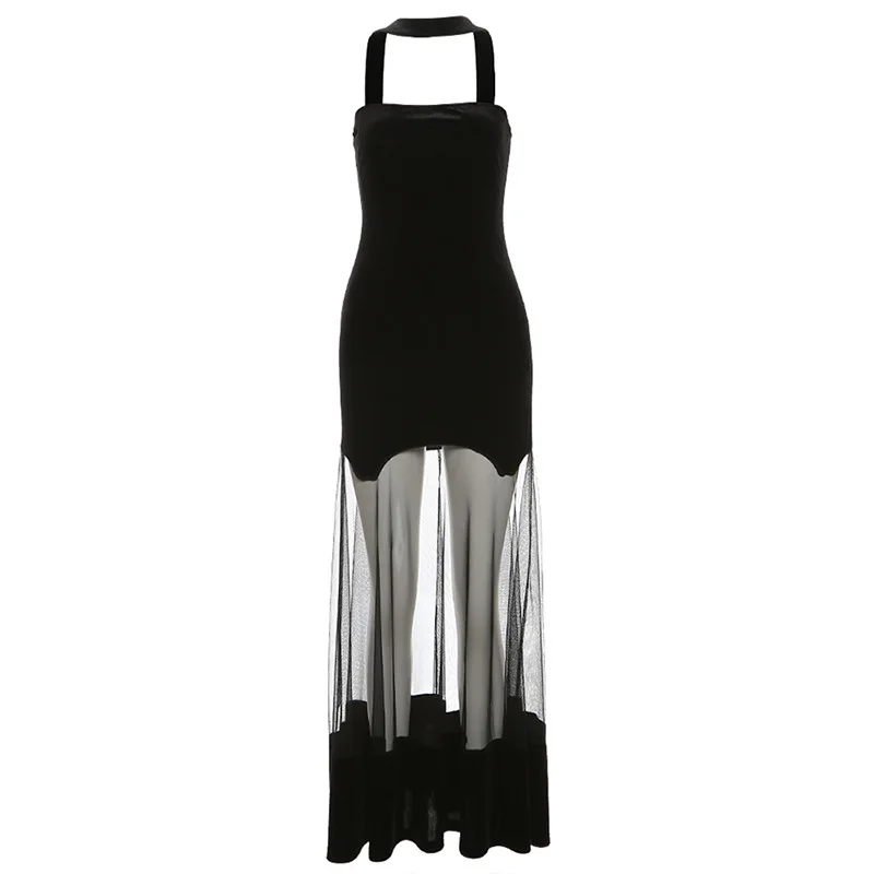 Vestidos góticos elegantes de terciopelo oscuro Retro para fiesta, vestidos con cuello Halter Y2k de malla con retazos y espalda descubierta para mujer, ropa Sexy de noche ajustada transparente