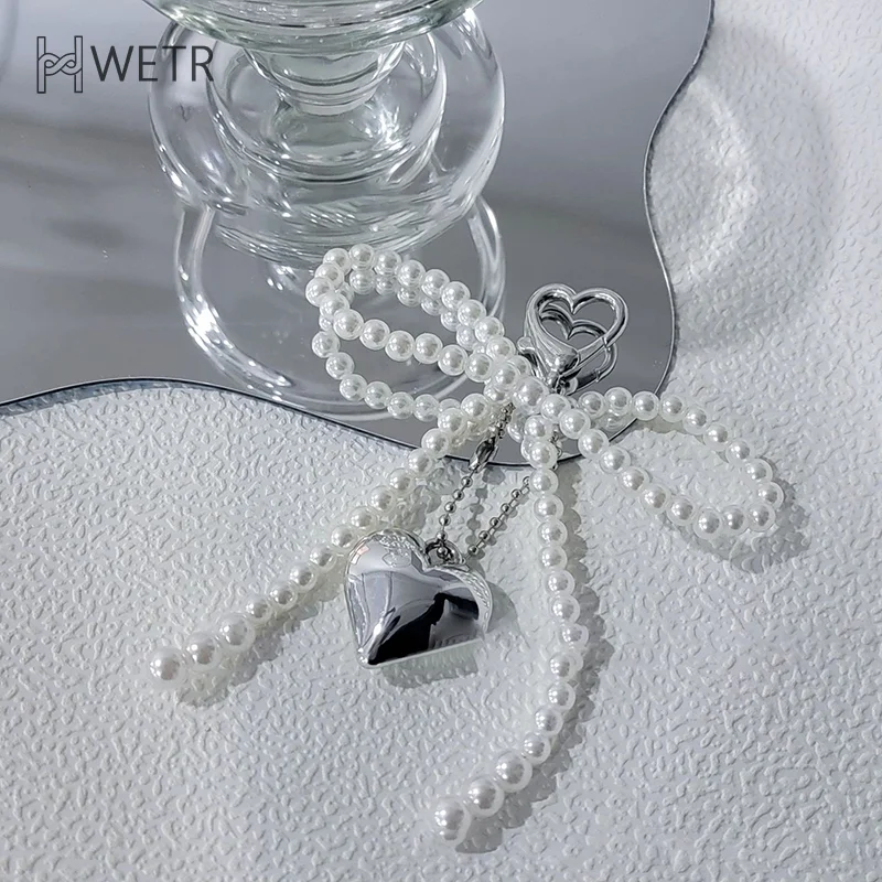 

Korean Sweet Pearl Bow Keychain Heart Pendant Keyring Y2K Aesthetic Key Holder For Girls Bag Pendant Accessories