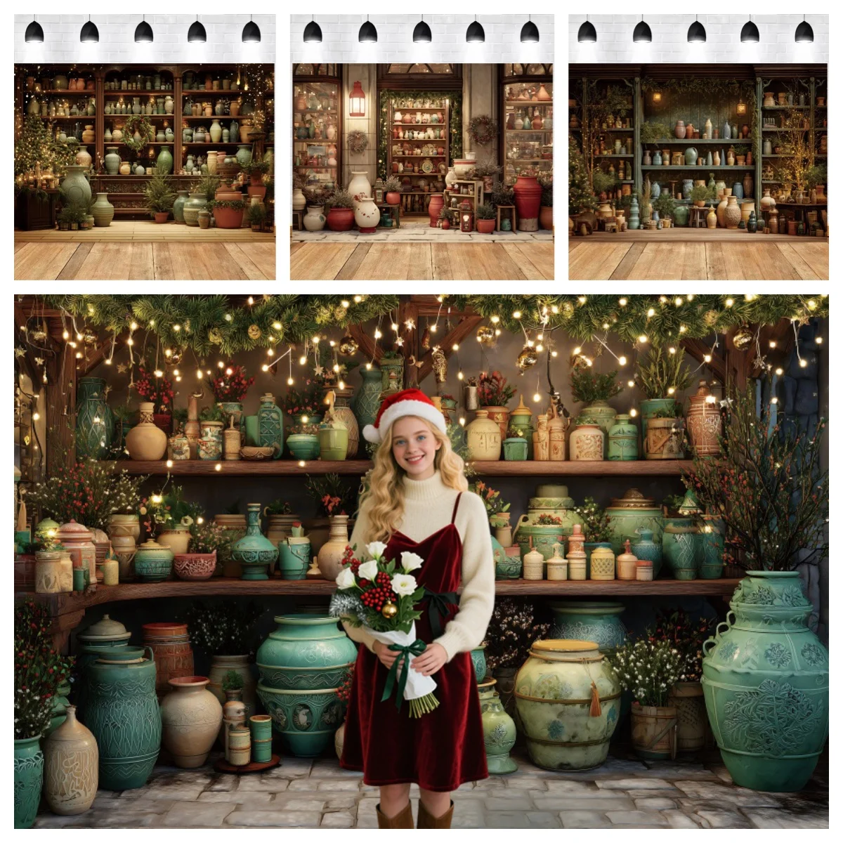 Christmas Kitchen Photography Backdrops Rustic Courtyard Green Wood Cabinet Wreath Kids Family Xmas Party Decor Photo Background