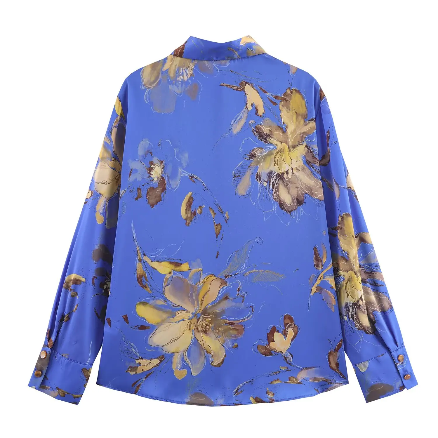 2025 New Women's Casual Shirt Floral Print Silk Satin Texture Shirt Floral Print Loose Fit Blue Long Sleeve Shirt Silk Texture P