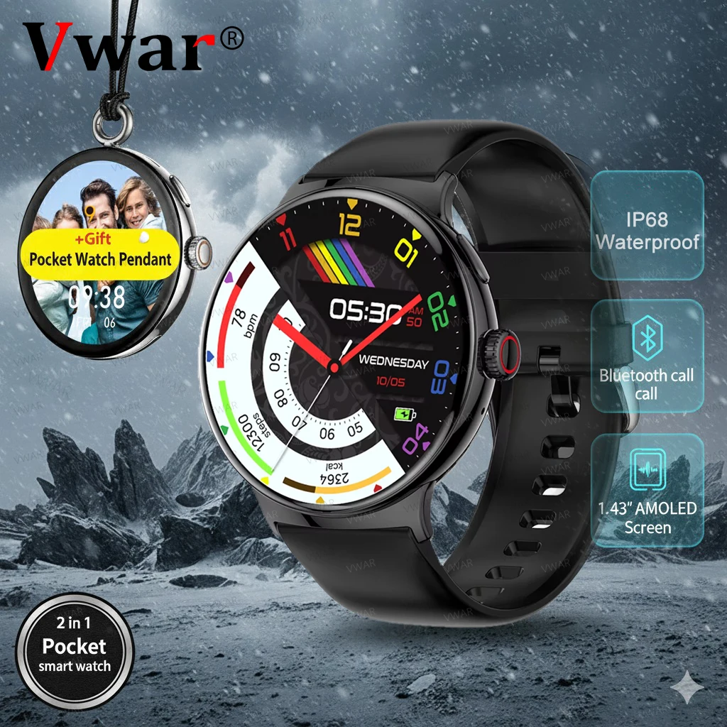 

Карманные умные часы VWAR для мужчин и женщин, 1,43 дюйма, AMOLED, всегда включенный дисплей, Bluetooth-вызов, музыкальные умные часы для телефона Android IOS 2025