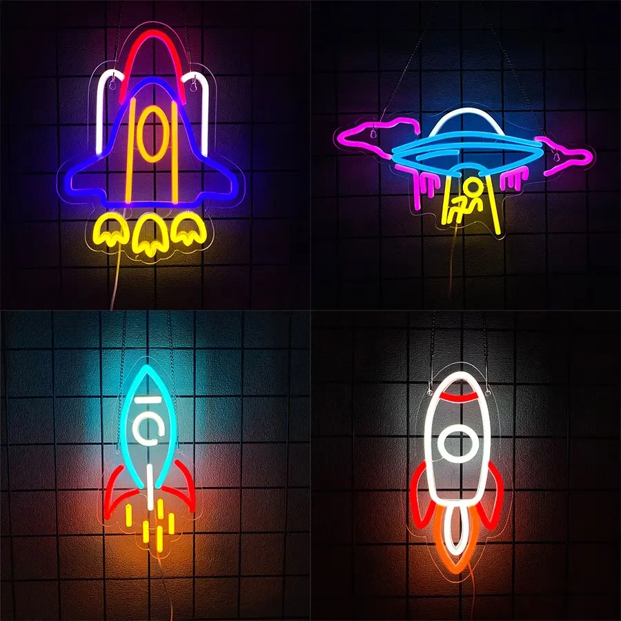 Rocket Neon Sign for Wall Decor, Spacecraft LED Light Sign For Room, Bar, Game Room Art Decor, Gifts For Friends.