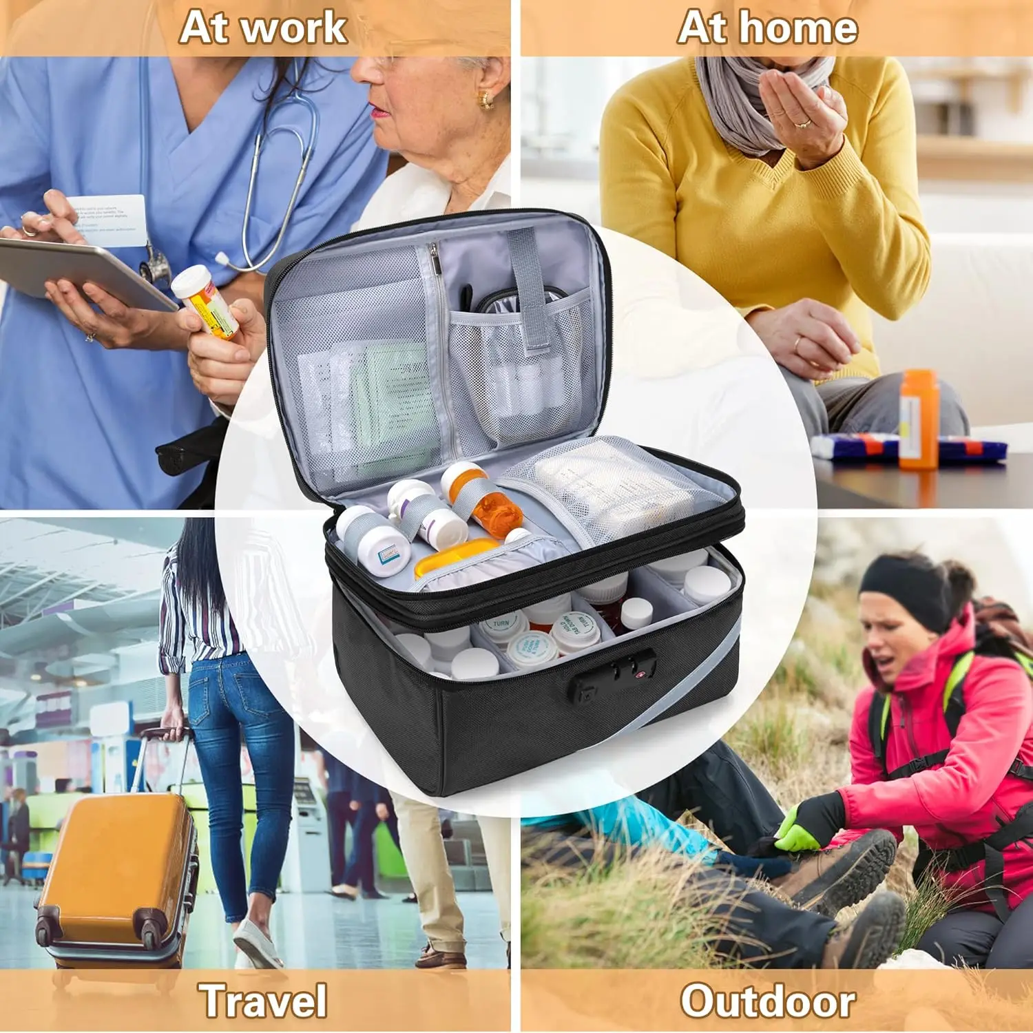 Medicine Storage Bag with Combination Lock, Travel Medication Carry Case for Medicine Box, Prescription, Vitamins