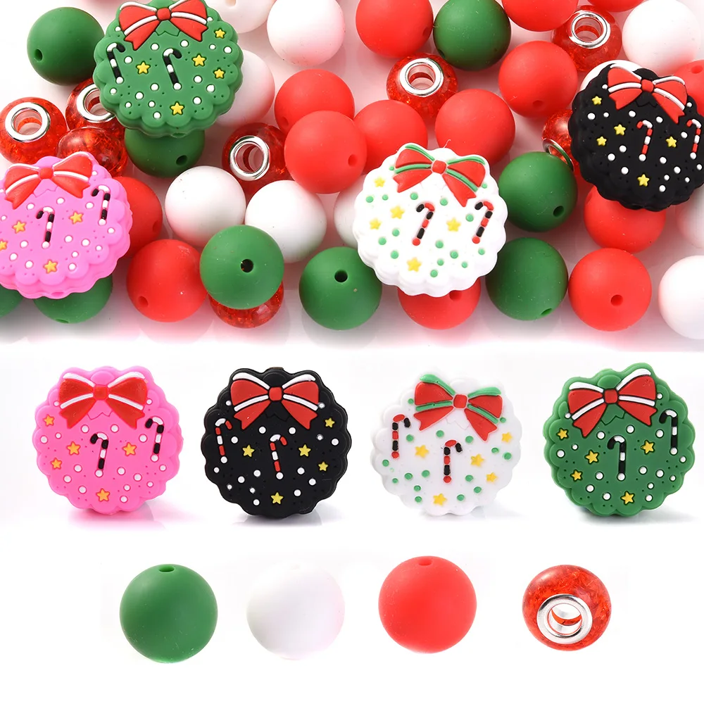 Fashion Christmas tree Silicone Beads Round 15mm Loose Beads Set Keychain Bracelet DIY Handmade Accessories For Jewelry Making