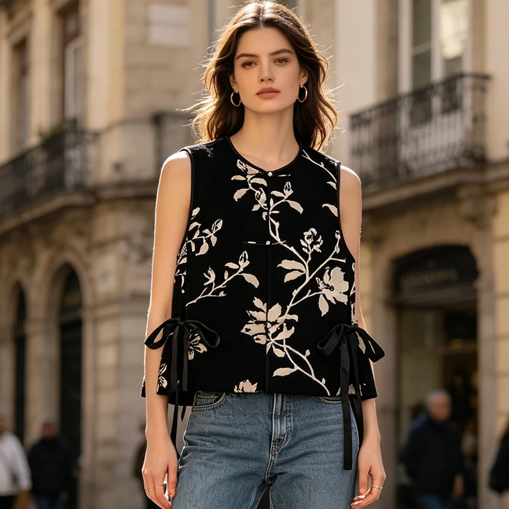 

Women's Chinese Style Black Jacquard Vest Round Neck Frog Button Unique Loose Fit Traditional Waistcoat For Spring Autumn