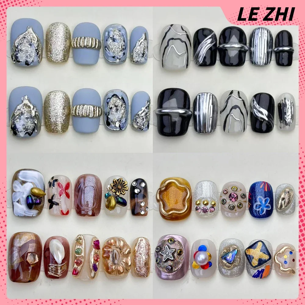 

High Quality Fashion Short Square Handmade Detachable Press On Nails 3D Flowers Colored Beads Pearls Bowknot Nail Party Stickers