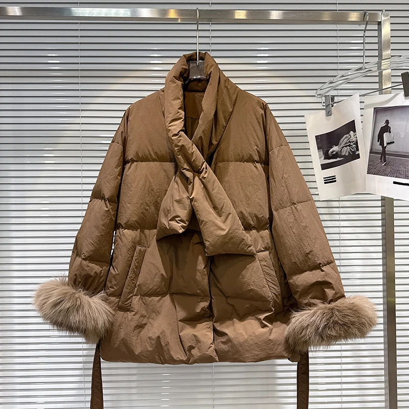 

Зимний теплый пуховик с хлопковой подкладкой, женская модная повседневная свободная верхняя одежда средней длины, женские куртки с воротником-шарфом на шнуровке