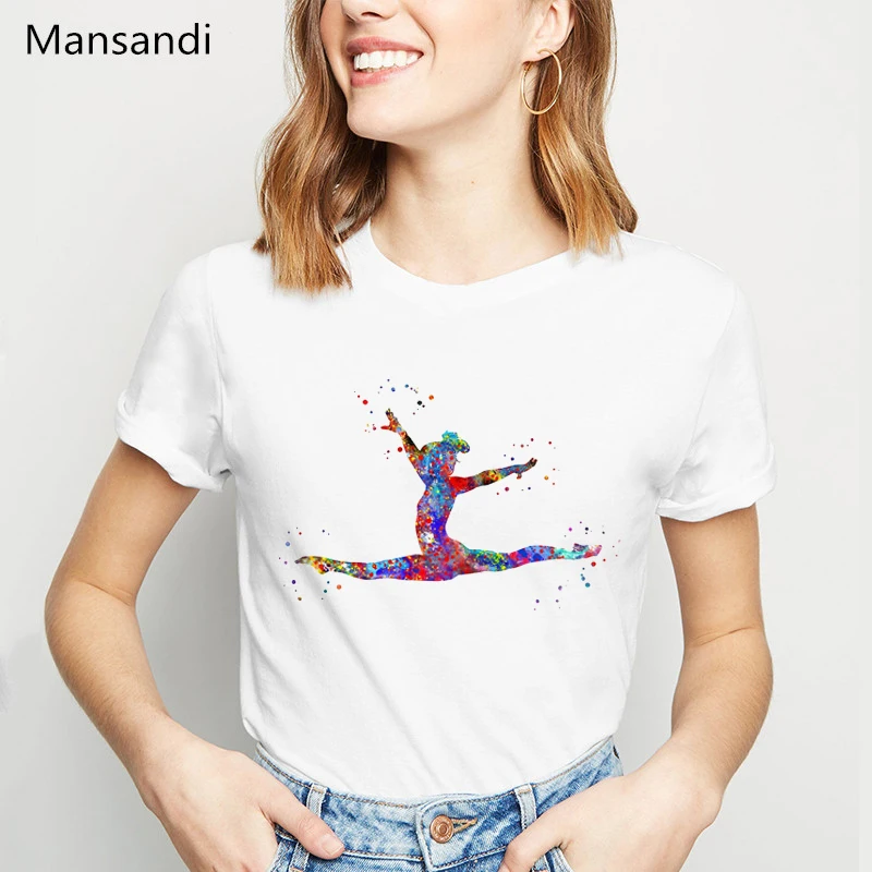 2024 Rainbow watercolor gymnastics print t-shirt women Elegant Ballet Dance posture design black tshirt femme harajuku shirt top