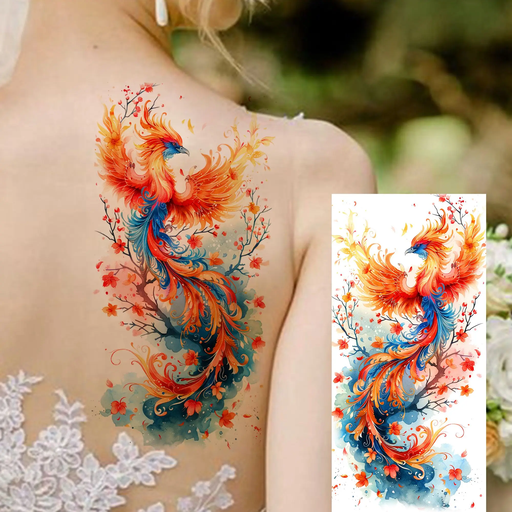 1 Sheet Watercolor Flying Phoenix Temporary Tattoos For Women Girls Waterproof Realistic Fake Tattoo Sticker  3D Tatoos Body Art