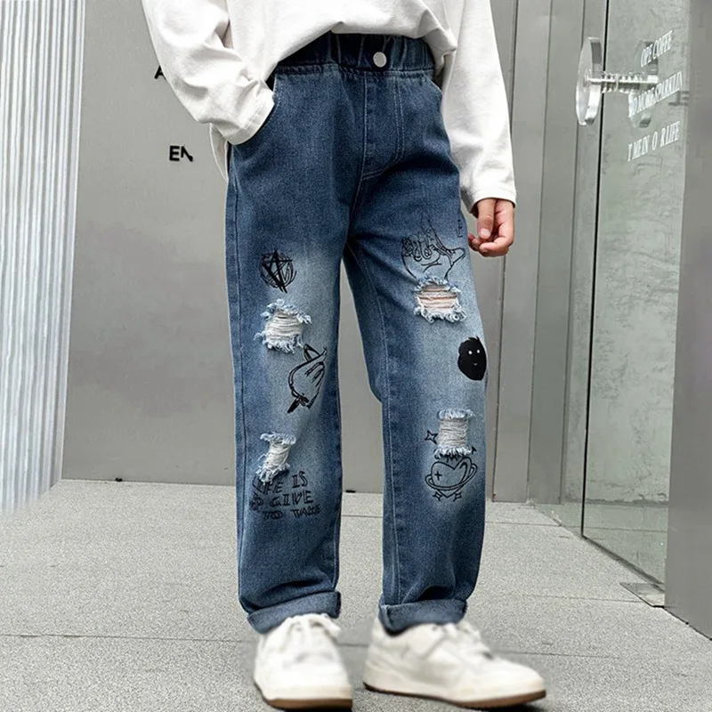 

Детские повседневные джинсы для больших мальчиков, весенне-осенние модные рваные прямые брюки с граффити, одежда для маленьких мальчиков-подростков, джинсы