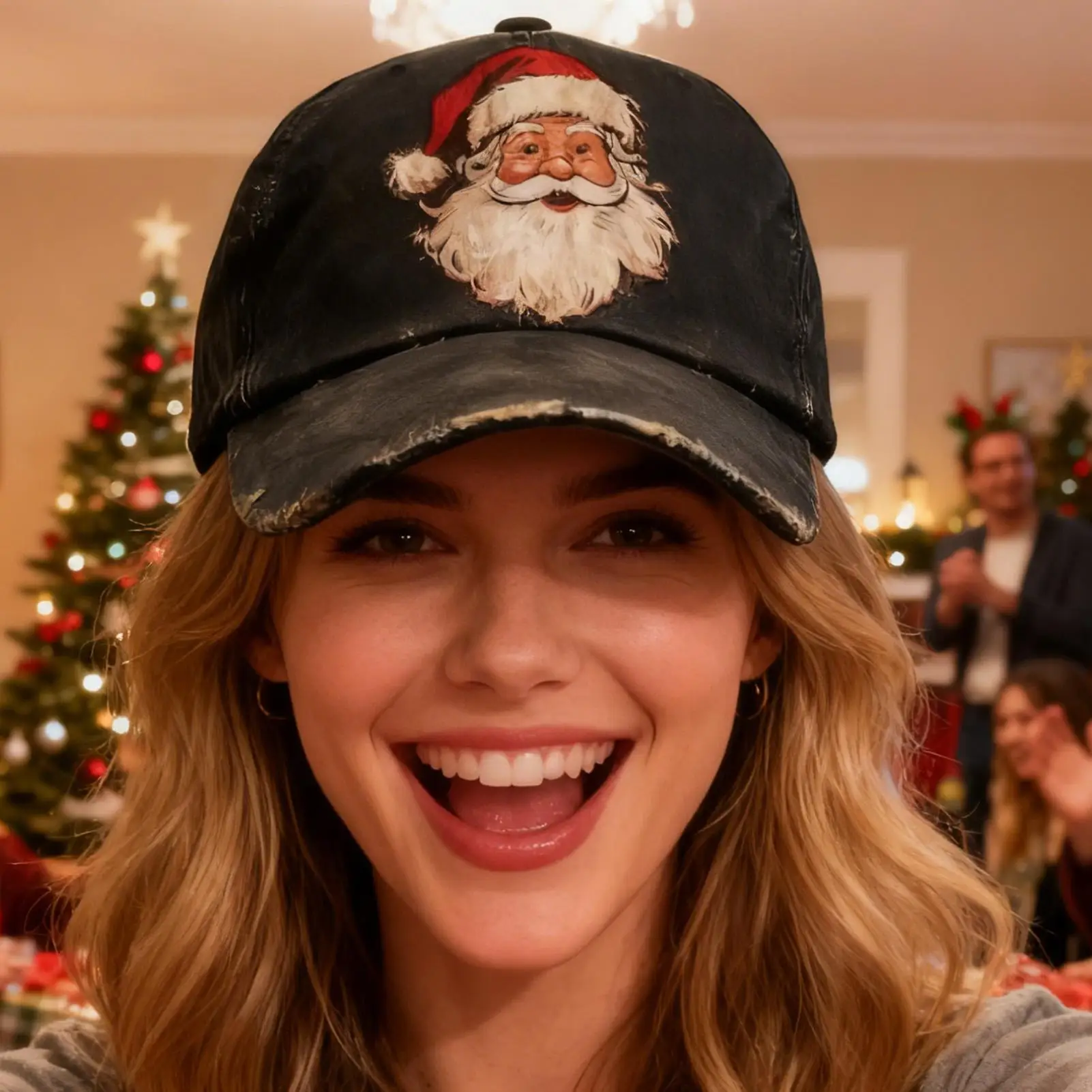 

Santa Baseball Hat Santa Claus Print Head Cover Adjustable Elastic Strap Vintage Hat For Golf Winter Running Cycling Fishing