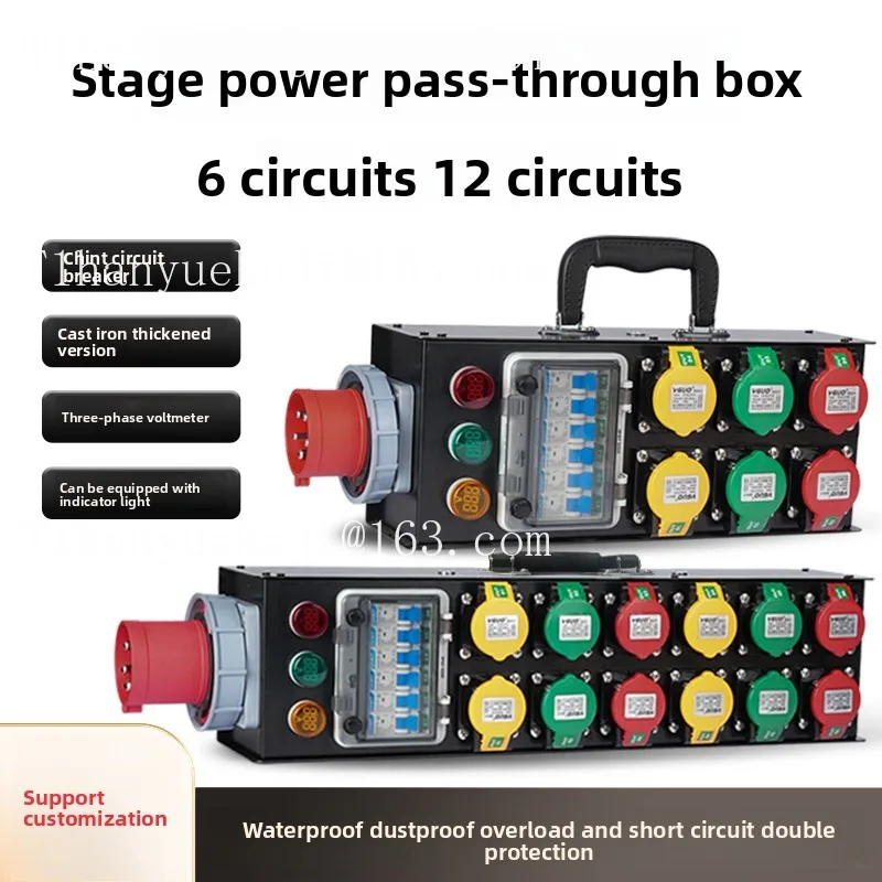 Waterproof 6/12 Way Stage Power Distribution Box, LED Display Portable Distro with Pass-Through for Outdoor Performance