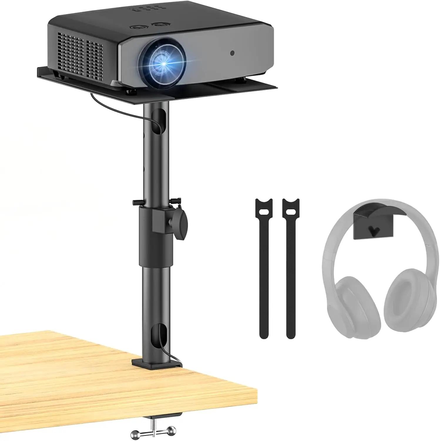 

Adjustable Desktop Projector Stand with Height/Tilt/Swivel, Fits Most Projectors, Cable Management & Headphone Holder