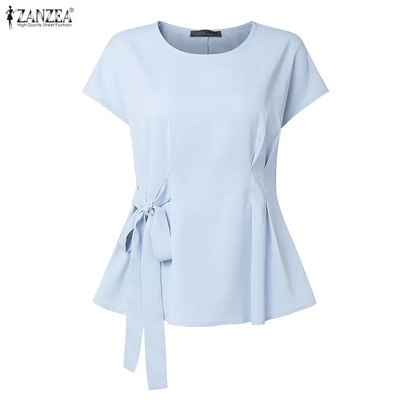 

ZANZEA Elegant Short Cap Sleeves Blouses Women's Casual O-Neck Lace-Up Cinch Waist Solid Color Tops Summer Fashion Woman Clothes