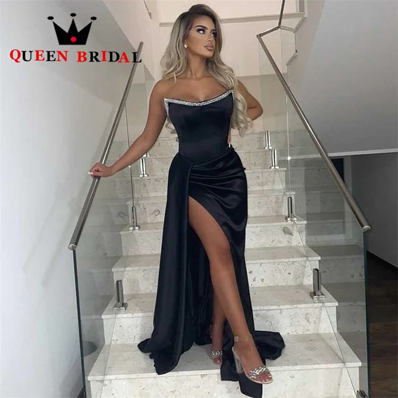 Sexy Side Split Beaded Strapless Prom Dresses Satin Sleeveless Floor Length Mermaid Evening Party Gowns Balo Elbise Custom D21C