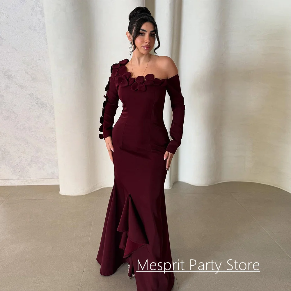 Mermaid Evening Dress Customized One Shoulder Flowers Long Sleeves Open Back Saudi Arabic Prom Gown Special Occasion Dresses