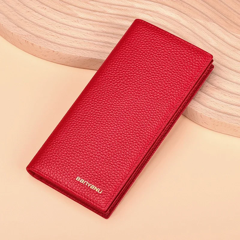 New Soft Genuine Leather Purse Female Simple Design Long Phone Bag Women's Purse RFID Card Holder Folding Red Wallet for Women