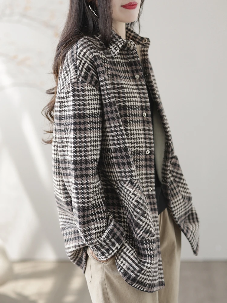 

Casual Plaid Flannel irt Women's Mid-Length Coat Vintage Loose Korean Spring New Sle Artistic Collar Long Sve
