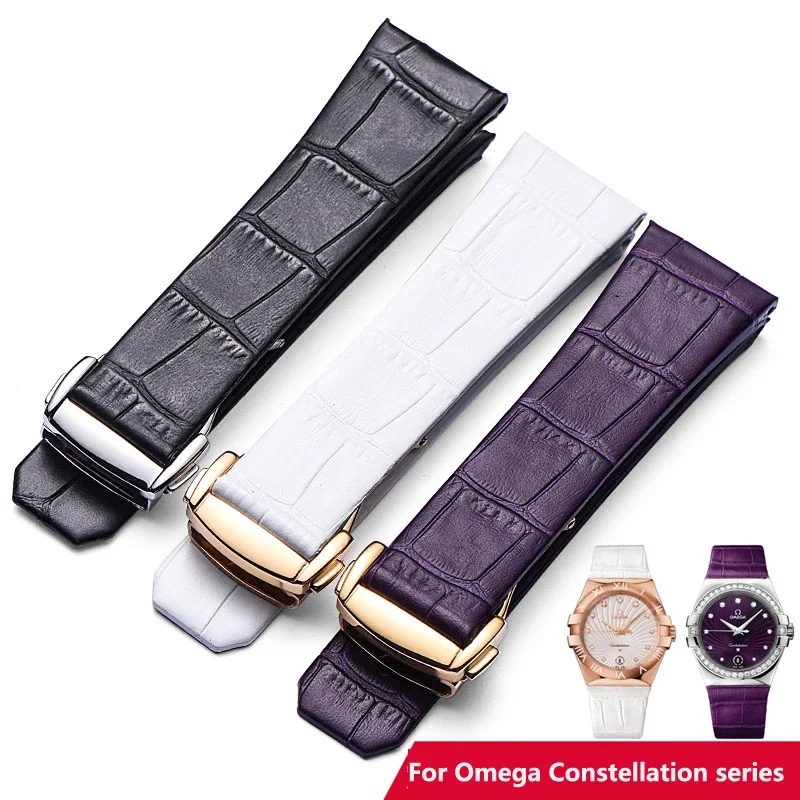 Genuine Leather Watch Strap For Omega Constellation Double Eagle Series Men Women\'s  Watchband Black Purple White 17mm 23mm