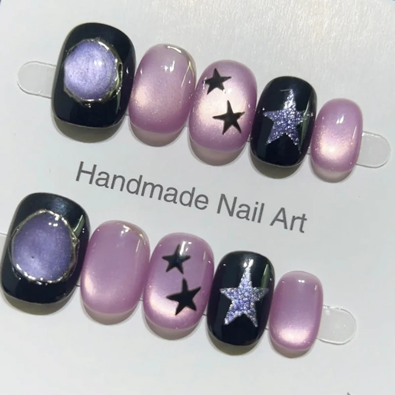

10PCS Handmade Sweet Cool Purple Cat Eye Acrylic Press on Nails Short Square Round Style with Star Patterns Wearable False Nails