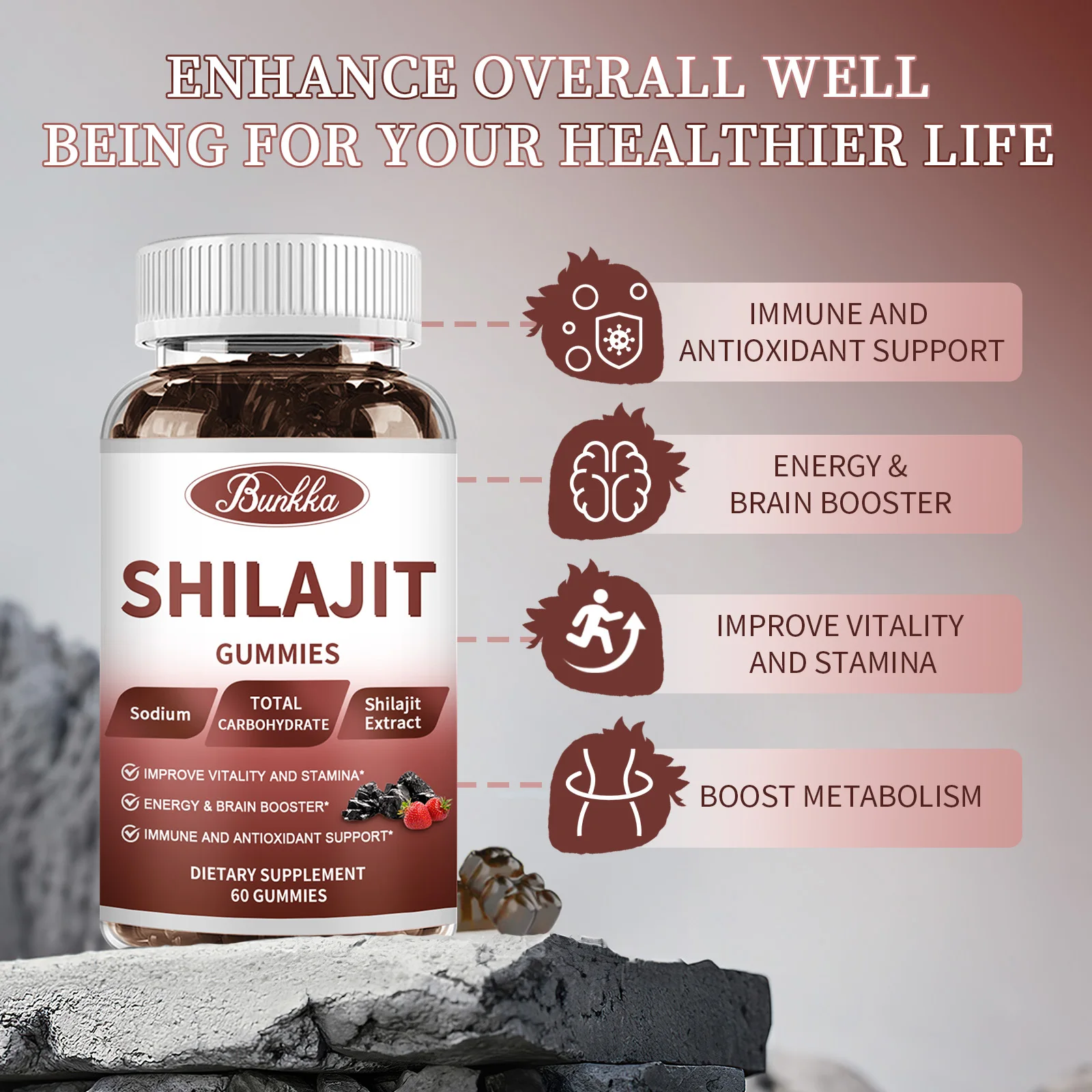 BUNKKA Shilajit Gummies Shilajit Resin Himalayan Original Pure Extract 800mg High in Minerals and Fulvic Muscle Energy Level