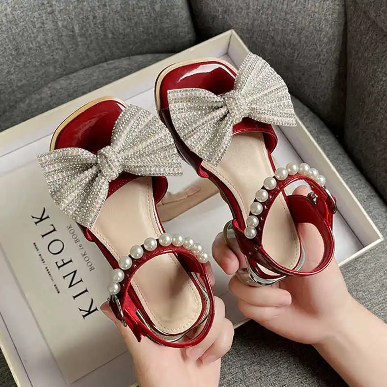 Girls Summer Fashion Sandals 2024 New Fashion Cute with Pearls Big Bownot Princess Shoes Trendy Square Heel All-match Sandals