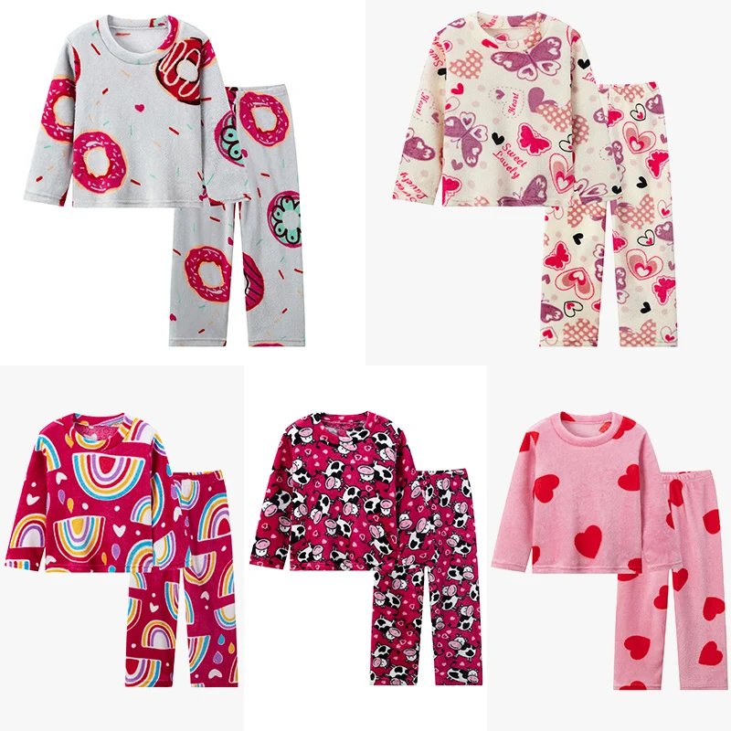 2-piece children's flannel long-sleeved trousers suit for autumn and winter girls' soft and lovely printed pajamas suit at home