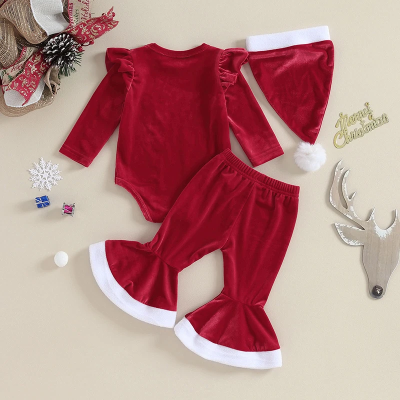 Suefunskry Infant Baby Girl Christmas Jumpsuit Outfits Long Sleeve Letter Print Romper + Flare Pants + Hat Santa Costume