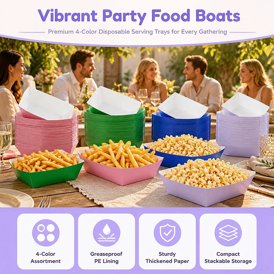 12/24pcs Kraft Paper Food Trays, 4 Colors Heavy-Duty Boat-Shaped, for Nachos Fries Popcorn Tacos Hot Dogs, BBQ Wedding