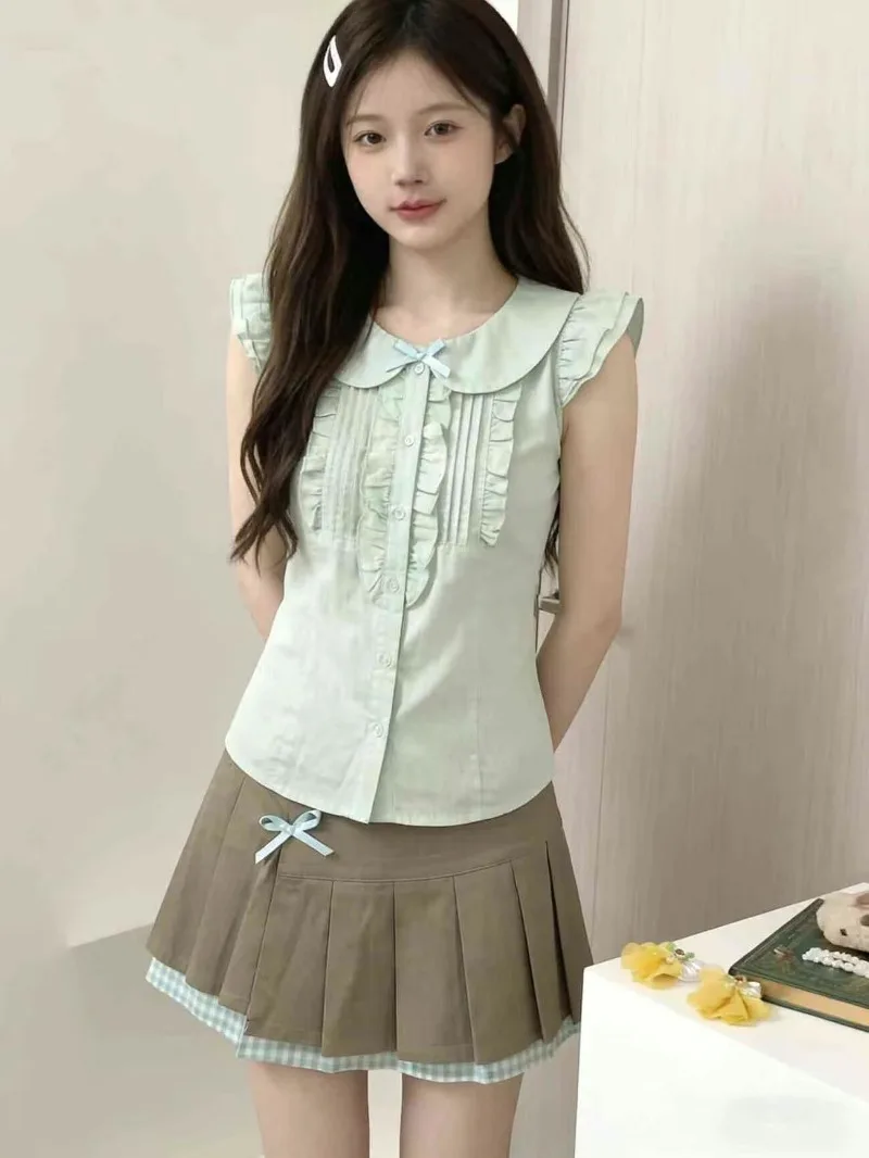 Retro and Fresh Skirt Sets Light Green Sweet Doll Collar Flying Sleeve Shirt+pleated Skirt Two Piece Set Mori Girl Style Clothes