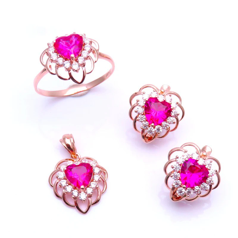 

585 purple gold romantic heart ruby jewlery set 14K rose gold plated necklace charm openwork design engagement jewelry