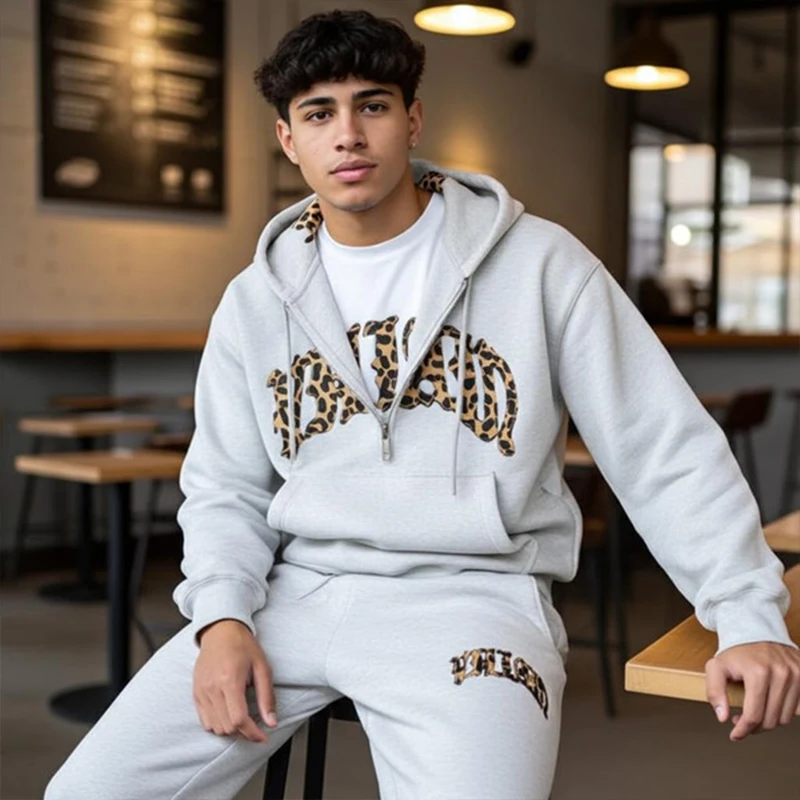 

Men Hoodie Retro Harajuku Street Sports Set Leopard Print Letter Embroidery American Hip-hop Fashion Casual Sweatshirt Pants ﻿﻿