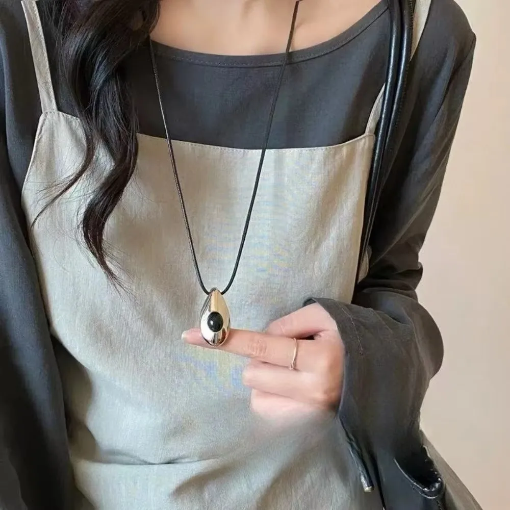 New Stainless Steel Charm Necklace Long Length Water Drop Shape Leather Rope Necklace Leather Rope Pendant Necklace