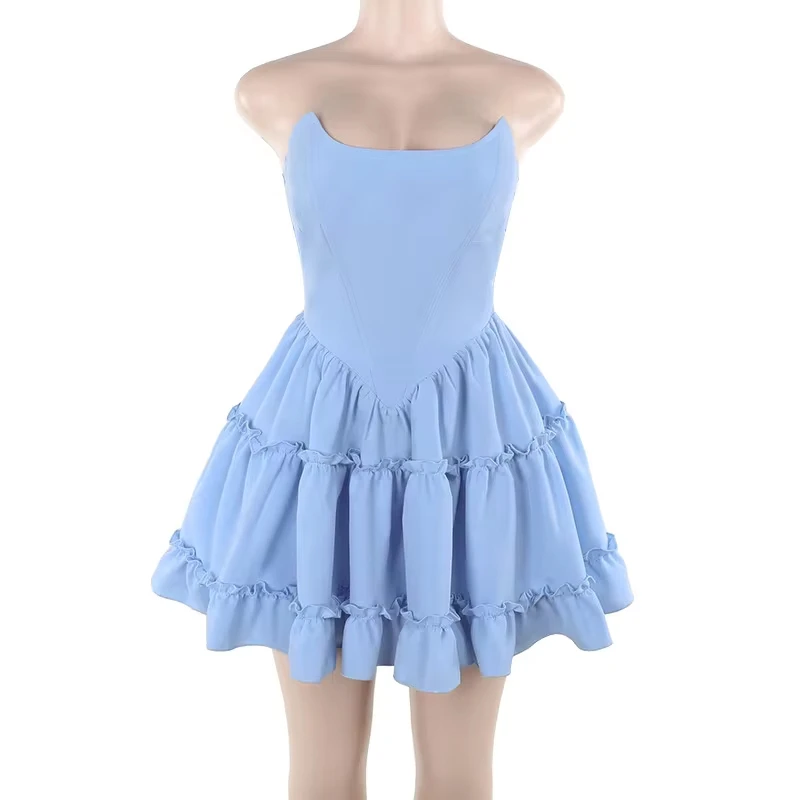 

Sexy Strapless Aline Pleated Gown mid Waist No Sve ort Skirt Length Ruffle Pure Color Evening Gown